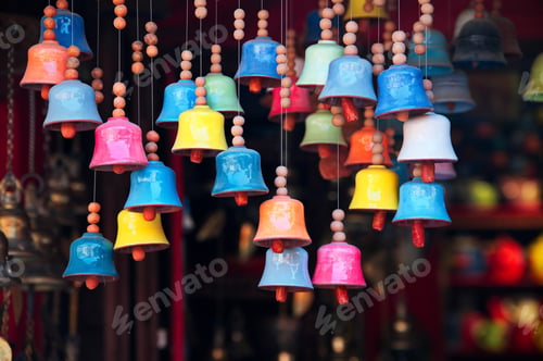 Preview: Group of colorful bells on the Pottery square in Bhaktapur