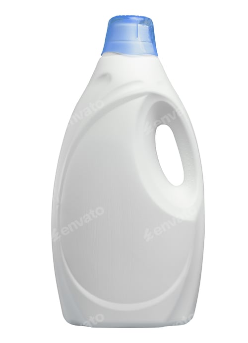 Preview: White plastic bottle for cleaning product with blue cap on isolated background