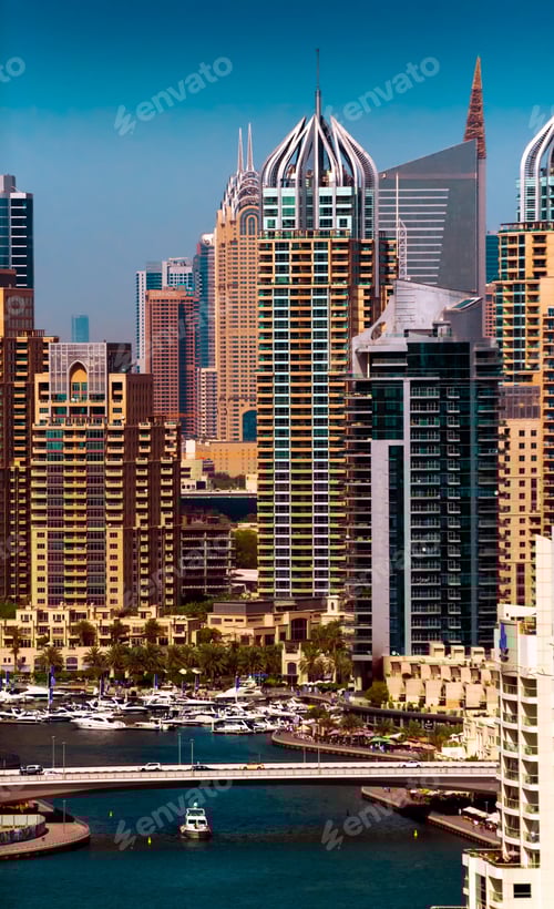 Preview: Amazing colorful dubai marina skyline during sunny day, Dubai, United Arab Emirates.