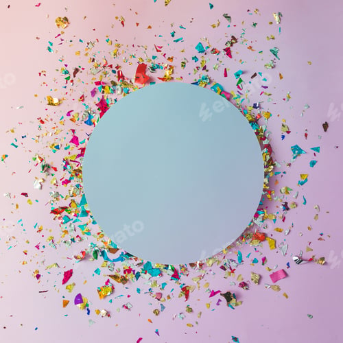 Preview: Colorful celebration background with party confetti on pink background.