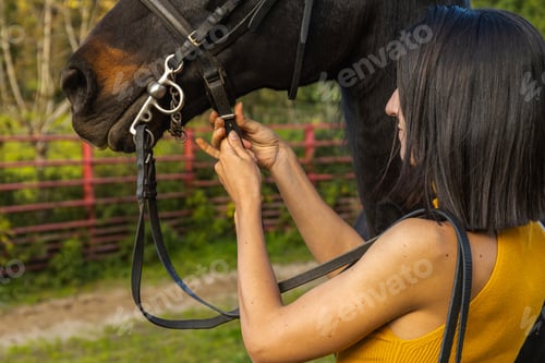 Preview: Woman adjusting a horse's bridle strap outdoors. Lifestyle. Horse riding.