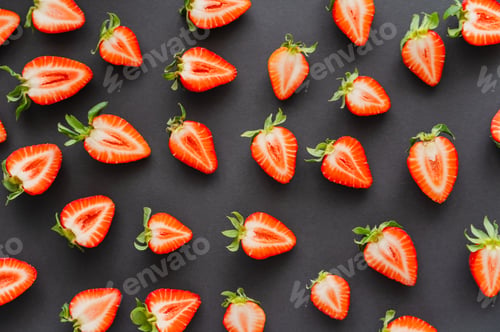Vista previa: Flat lay with cut strawberries with leaves on black background
