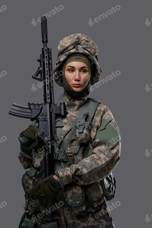 Preview: Female army soldier with rifle against grey background