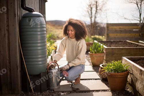 Preview: Mid adult woman filling watering can from water butt