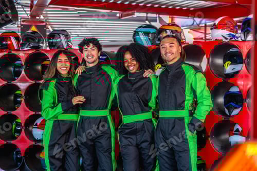 Preview: Enthusiastic Friends Enjoy Go-Karting Preparation Together