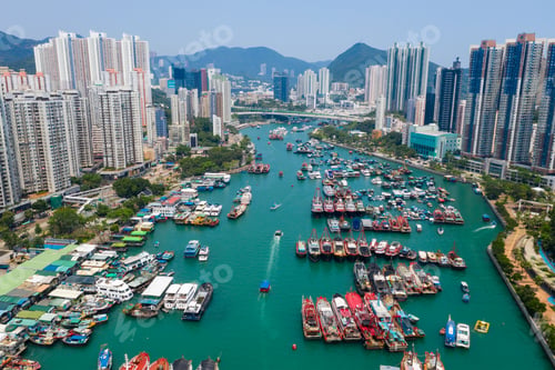 Preview: Aberdeen, Hong Kong 12 May 2019: Drone fly over Hong Kong typhoon shelter in aberdeen