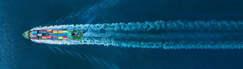 Preview: webinar banner, Aerial top view of cargo maritime ship with contrail in the ocean ship carrying cont