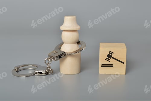 Preview: Arrested wooden people with handcuffs and judge gavel symbol.