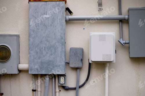 Preview: Abstract image of electrical boxes and conduit on the side of a tan building