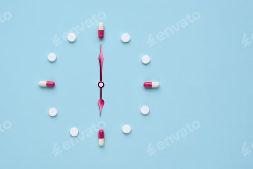 Preview: Clock created from pills and capsules on pastel blue background