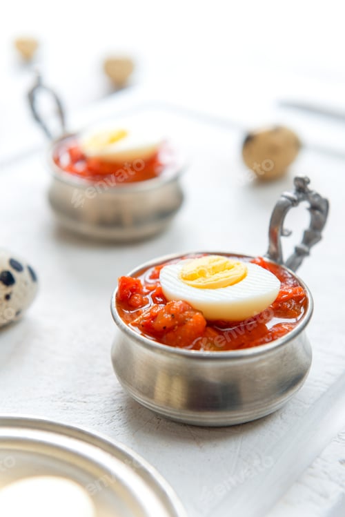 Preview: Hard boiled quail eggs with tomato sauce