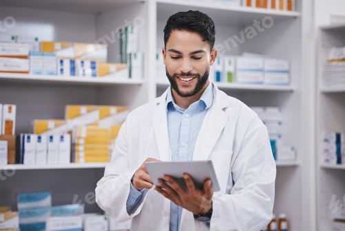 Preview: Pharmacy, happy man or pharmacist typing on tablet for research or checking medical prescription on