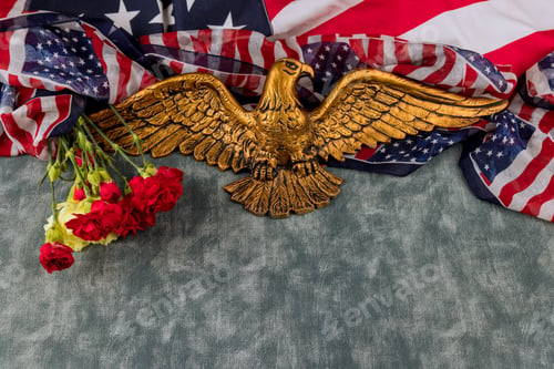 Preview: American flag on Memorial day honor respect patriotic military US in pink carnation in the American
