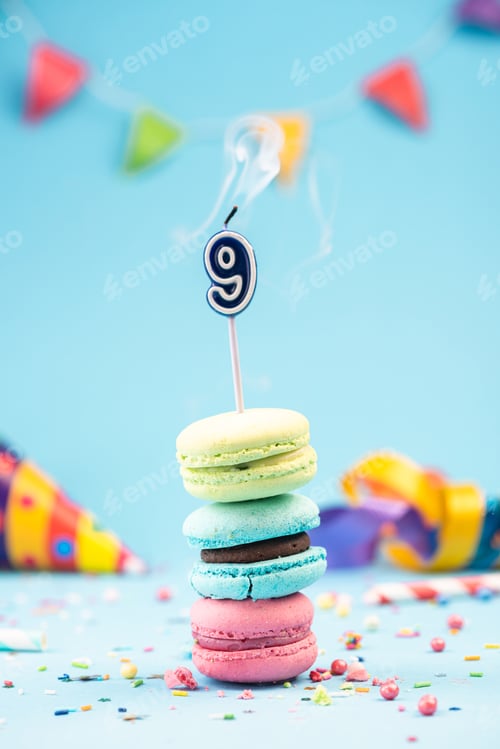 Preview: Nineth 9th Birthday Card with Candle Blown Out in Colorful Macar