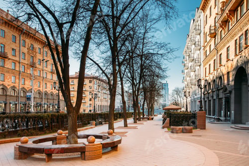 Preview: Minsk, Belarus. Didewalk on Lenin Street in spring