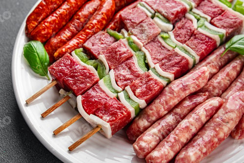 Preview: sausage meat assorted juicy pork, beef fresh delicious gourmet food background on the table rustick