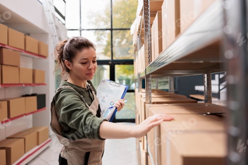 Preview: Warehouse supervisor checking cardboard boxes barcode