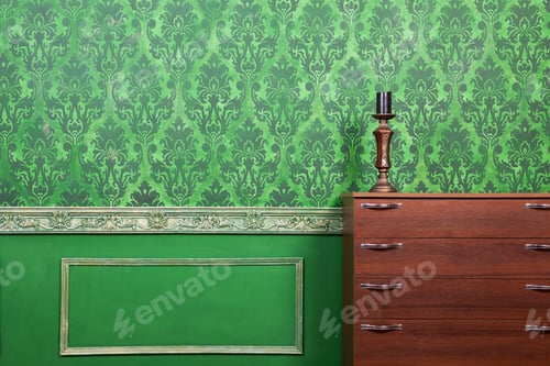 Preview: Candle on furniture in vintage room with rococo pattern backgrou