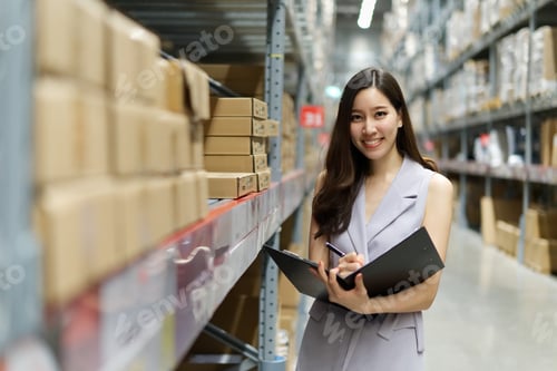 Preview: Asian woman working in store warehouse.