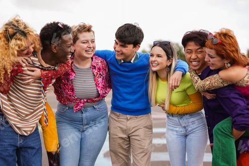 Preview: Group of diverse people having fun together outdoor - Multiracial young friends in the city
