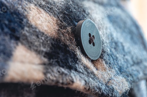 Preview: Button on a warm blue shirt, macro shot.