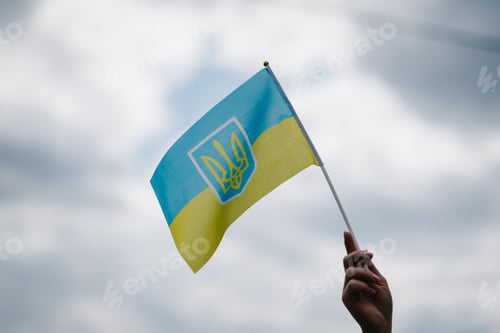Preview: Ukrainian yellow and blue flag flutters in wind against the sky. A woman hand holds a flag on rally