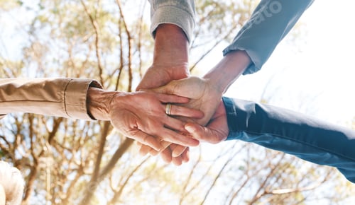 Preview: Partnership, hands or team in nature with support, trust or hope for goals or community group succe