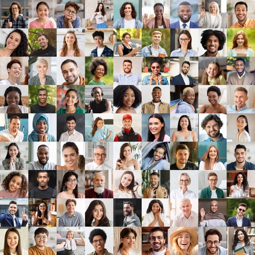 Preview: Collage of happy multiracial people avatars on various backgrounds