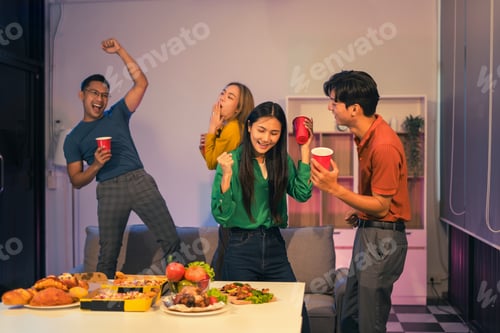 Preview: dinner and group of people toast celebration together at party.