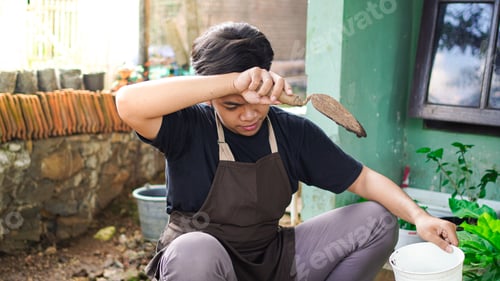 Preview: Asian man Prepare a place for planting with pot and soil