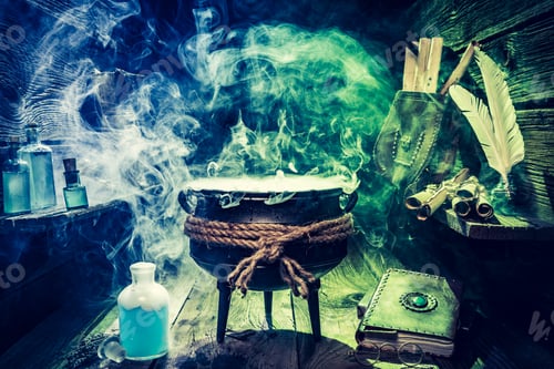 Preview: Vintage witch pot with books and blue potions for Halloween