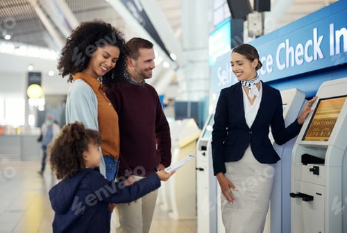 Preview: Woman, services agent and family at airport by self service check in station for information, help