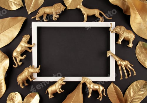 Preview: Abstract background with golden tropical leaves and exotic animals