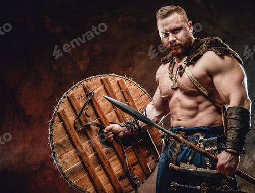 Preview: Armed with spear handsome viking in dark red background