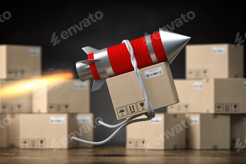 Preview: Fast delivery packet or parcel concept. Rocket with cardpoard box.