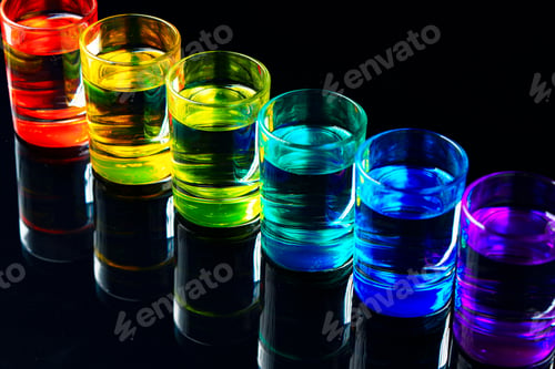 Preview: Colorful small glasses on black background with alcohol drink