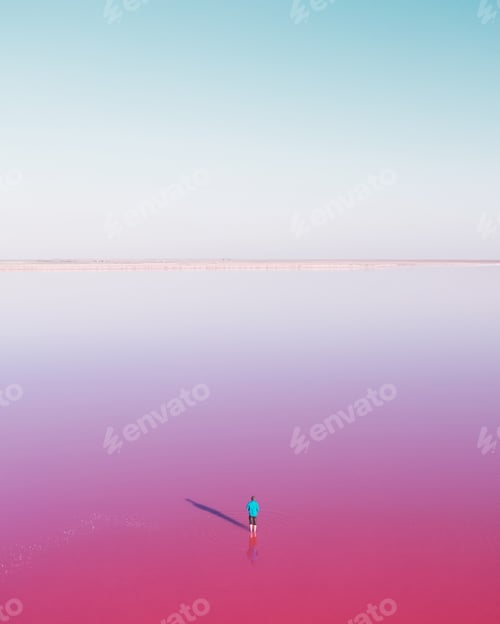 Preview: Lonely man in blue jacked in pink lake water