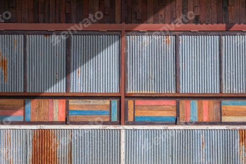 Preview: Background of vintage street coffee kiosk door made of the old wooden boards and rustic zinc sheets