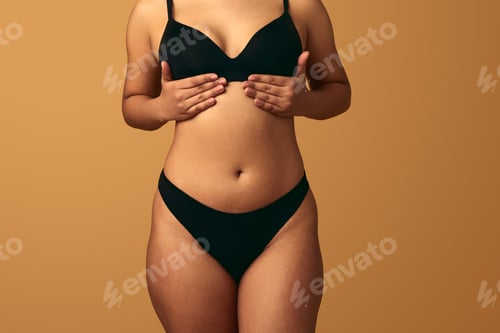 Preview: Crop plump woman with hands under breast