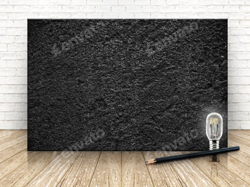 Preview: Black stone on the white brick wall and the wood floor,template for your content
