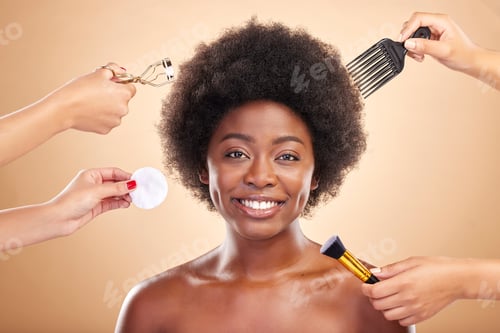 Preview: Beauty, tools and portrait of black woman in studio for skincare, haircare and cosmetics. Smile, af