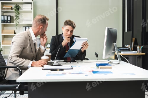 Preview: Male mature caucasian ceo with diverse coworkers team, executive managers group at meeting.
