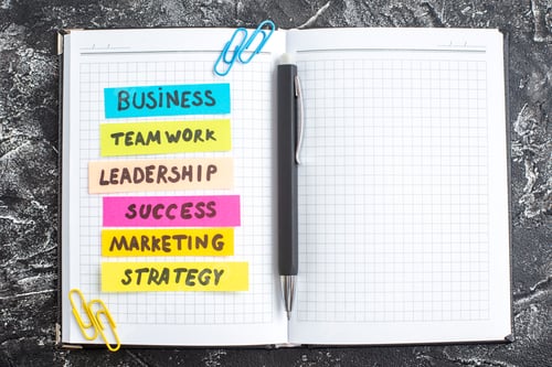 Preview: top view different business terms as little stickers in copybook on dark background teamwork