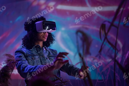 Preview: Metaverse digital cyber world technology, woman with virtual reality VR goggles playing augmented