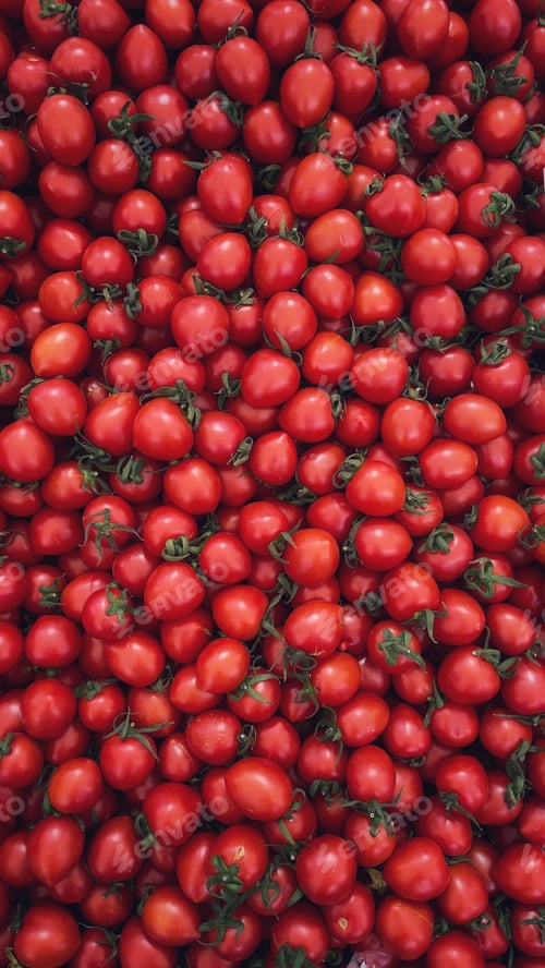 Preview: tomatoes with their green leaves in the middle of them, on top of each other