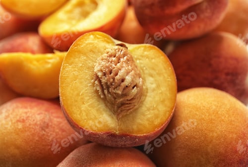 Preview: Pile of delicious ripe peaches as background, closeup