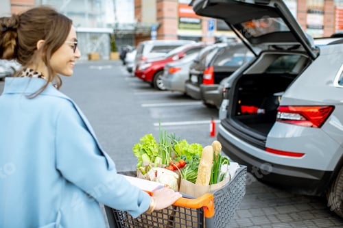 Preview: Woman with shopping cart on the outdoor parking