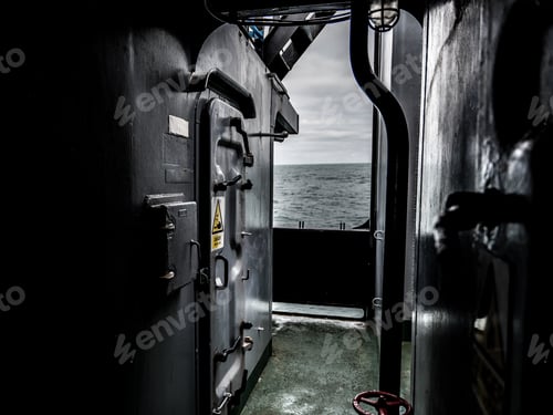 Preview: Empty part of an old industrial ship floating in the sea