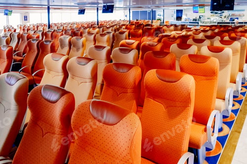 Preview: Empty seats inside a maritime ferry for passengers, before sailing.