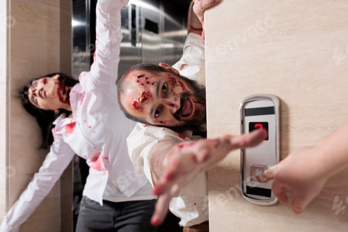 Preview: Portrait of man zombie attacking office